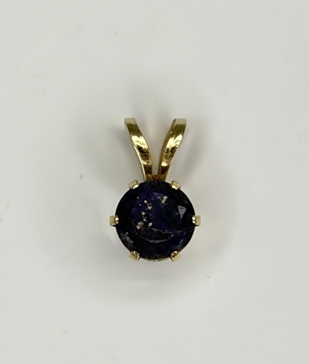 Vintage 14K Yellow Gold 6mm Round Dark Blue Sapphire Solitaire Basket Pendant